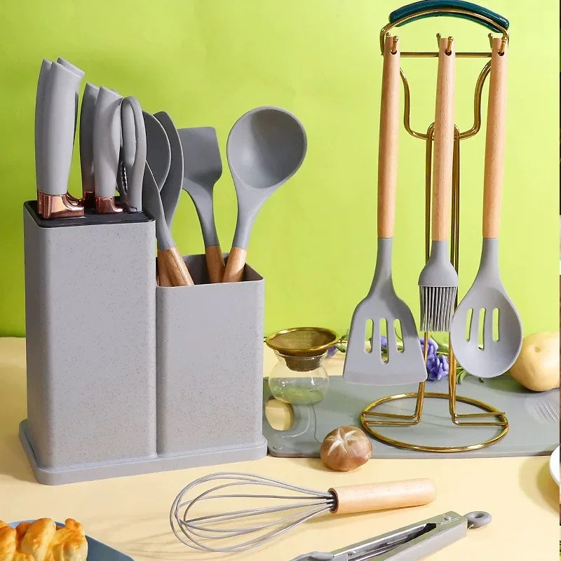 Ensemble 19 Pièces de Couteaux et Ustensiles de Cuisine en Silicone