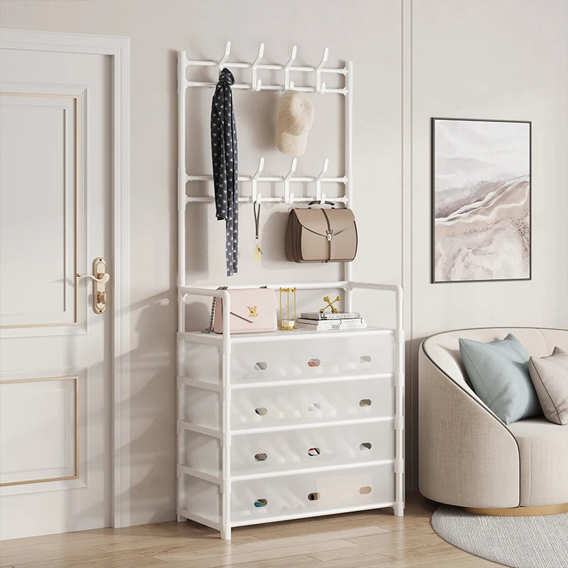 Porte-Manteau & Étagère à Chaussures Multifonction 5 Niveaux avec Housse Anti-Poussière