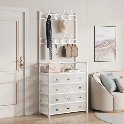 Porte-Manteau & Étagère à Chaussures Multifonction 5 Niveaux avec Housse Anti-Poussière