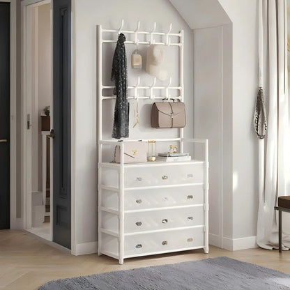 Porte-Manteau & Étagère à Chaussures Multifonction 5 Niveaux avec Housse Anti-Poussière