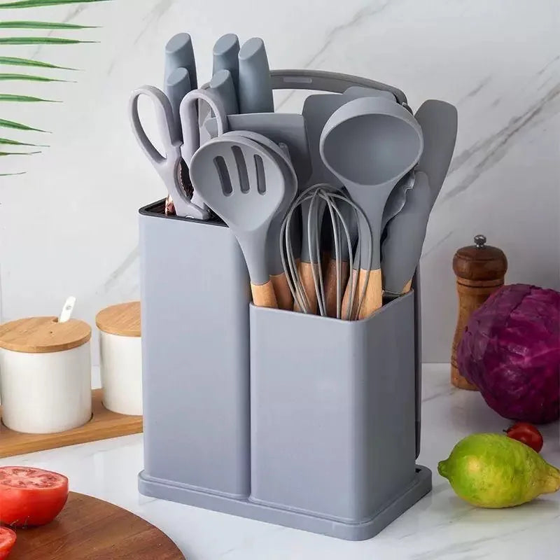 Ensemble 19 Pièces de Couteaux et Ustensiles de Cuisine en Silicone