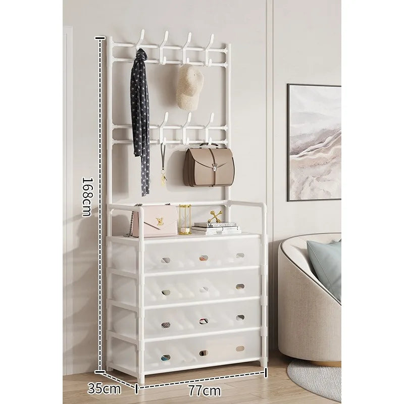 Porte-Manteau & Étagère à Chaussures Multifonction 5 Niveaux avec Housse Anti-Poussière