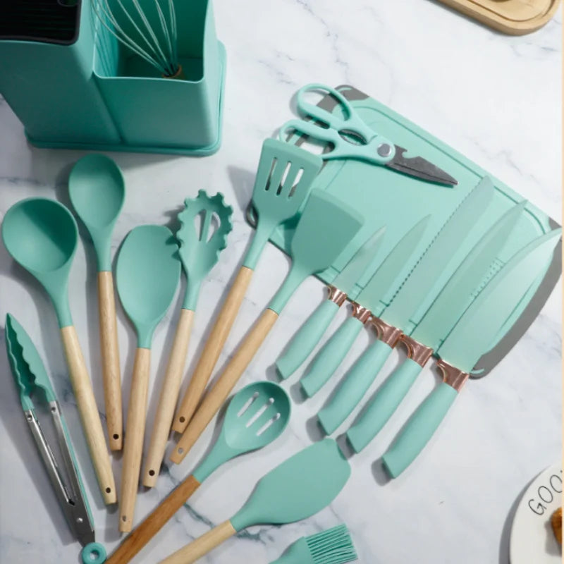 Ensemble 19 Pièces de Couteaux et Ustensiles de Cuisine en Silicone