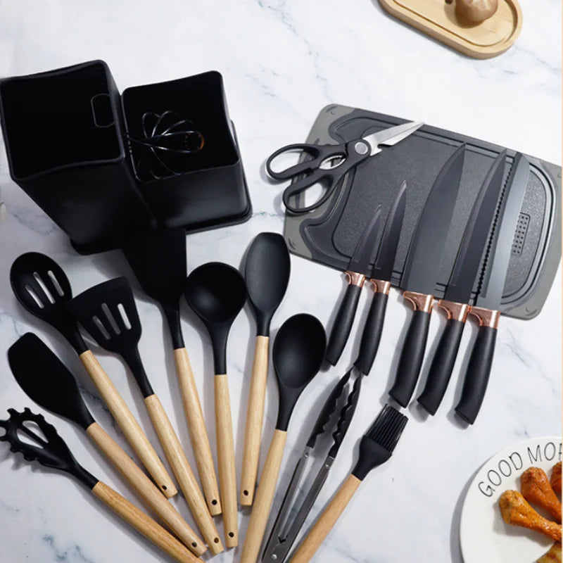 Ensemble 19 Pièces de Couteaux et Ustensiles de Cuisine en Silicone