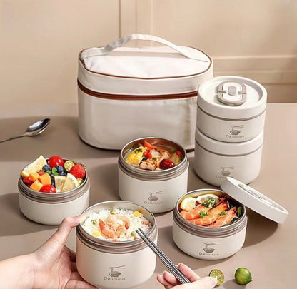 4 Boîtes à Lunch Isotherme en Acier Inoxydable – Ensemble Empilable avec Sac