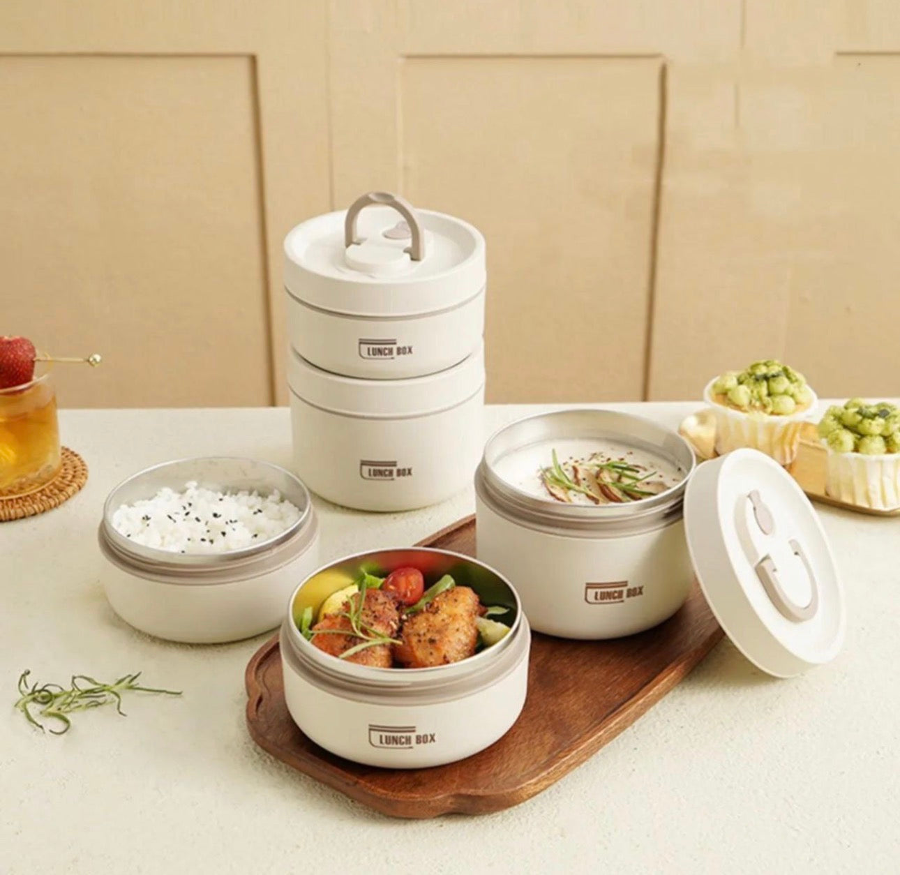 4 Boîtes à Lunch Isotherme en Acier Inoxydable – Ensemble Empilable avec Sac