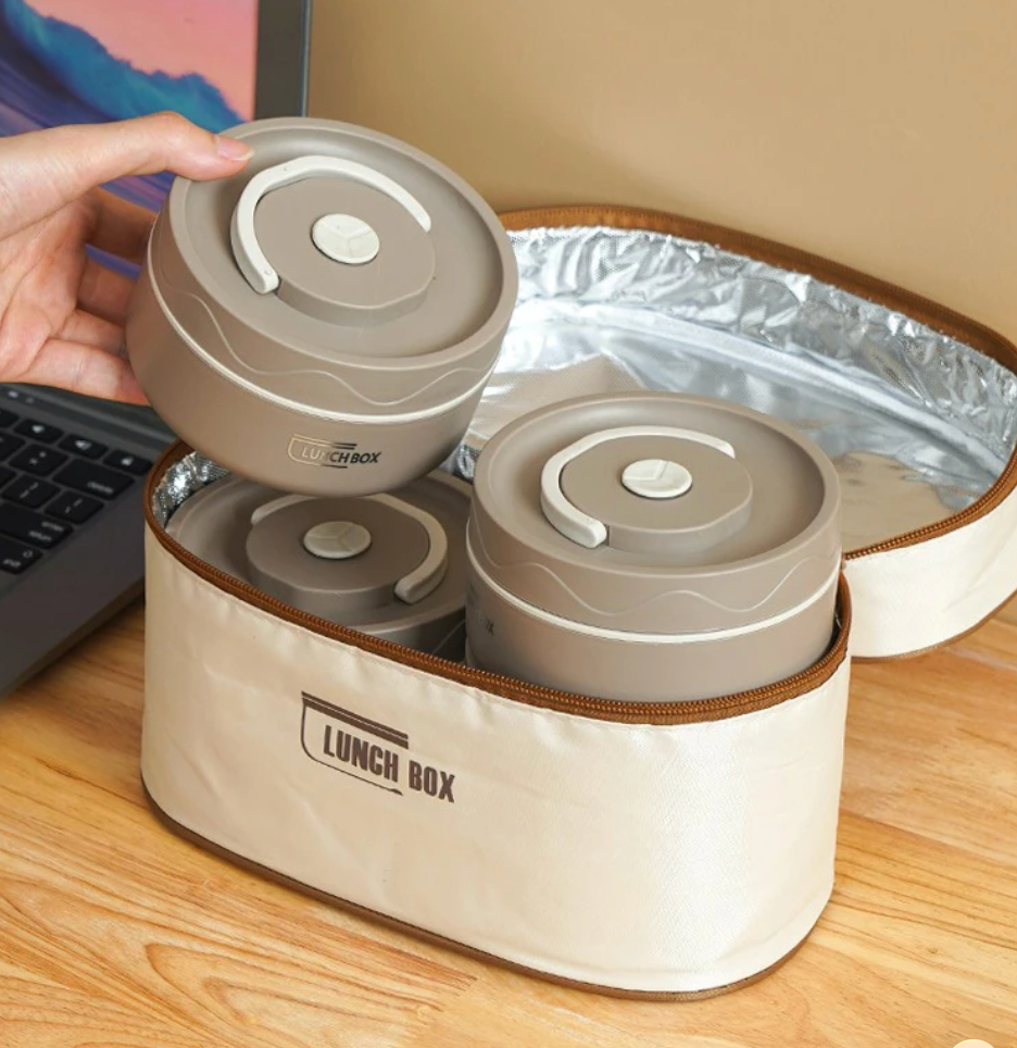 4 Boîtes à Lunch Isotherme en Acier Inoxydable – Ensemble Empilable avec Sac