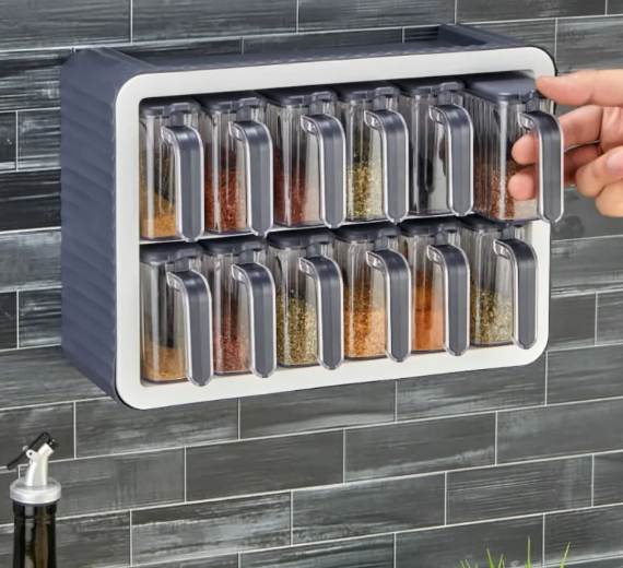 Set de 12 pots à épices avec support, couvercle auto-adhésif, cuillère intégrée et étiquettes – Pots à épices avec poignée