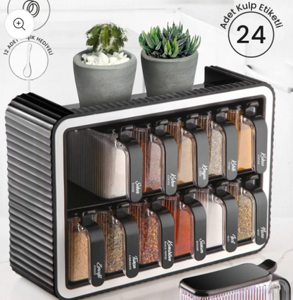 Set de 12 pots à épices avec support, couvercle auto-adhésif, cuillère intégrée et étiquettes – Pots à épices avec poignée