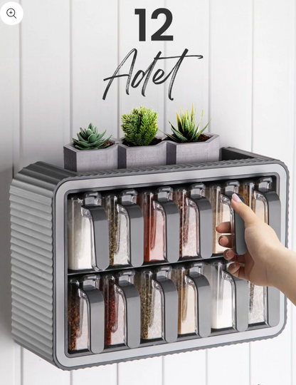 Set de 12 pots à épices avec support, couvercle auto-adhésif, cuillère intégrée et étiquettes – Pots à épices avec poignée