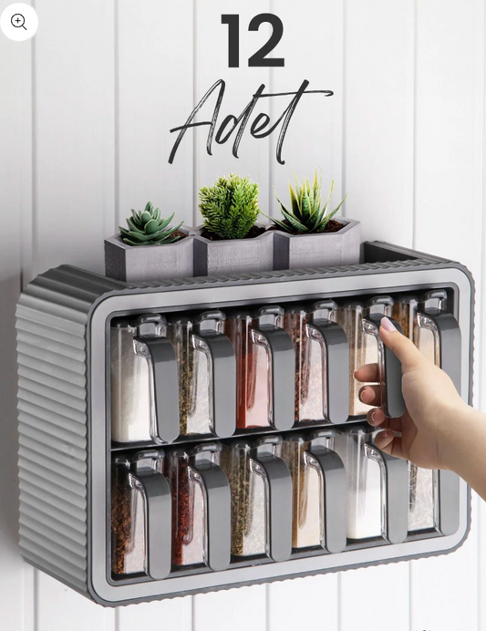 Set de 12 pots à épices avec support, couvercle auto-adhésif, cuillère intégrée et étiquettes – Pots à épices avec poignée