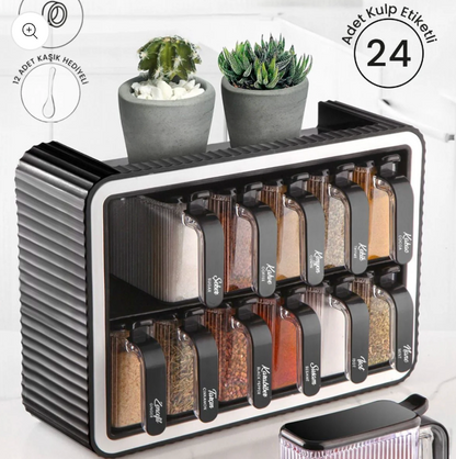 Set de 12 pots à épices avec support, couvercle auto-adhésif, cuillère intégrée et étiquettes – Pots à épices avec poignée